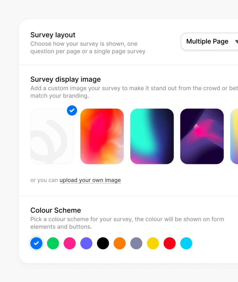 Custom survey design tools showing premium form styling options